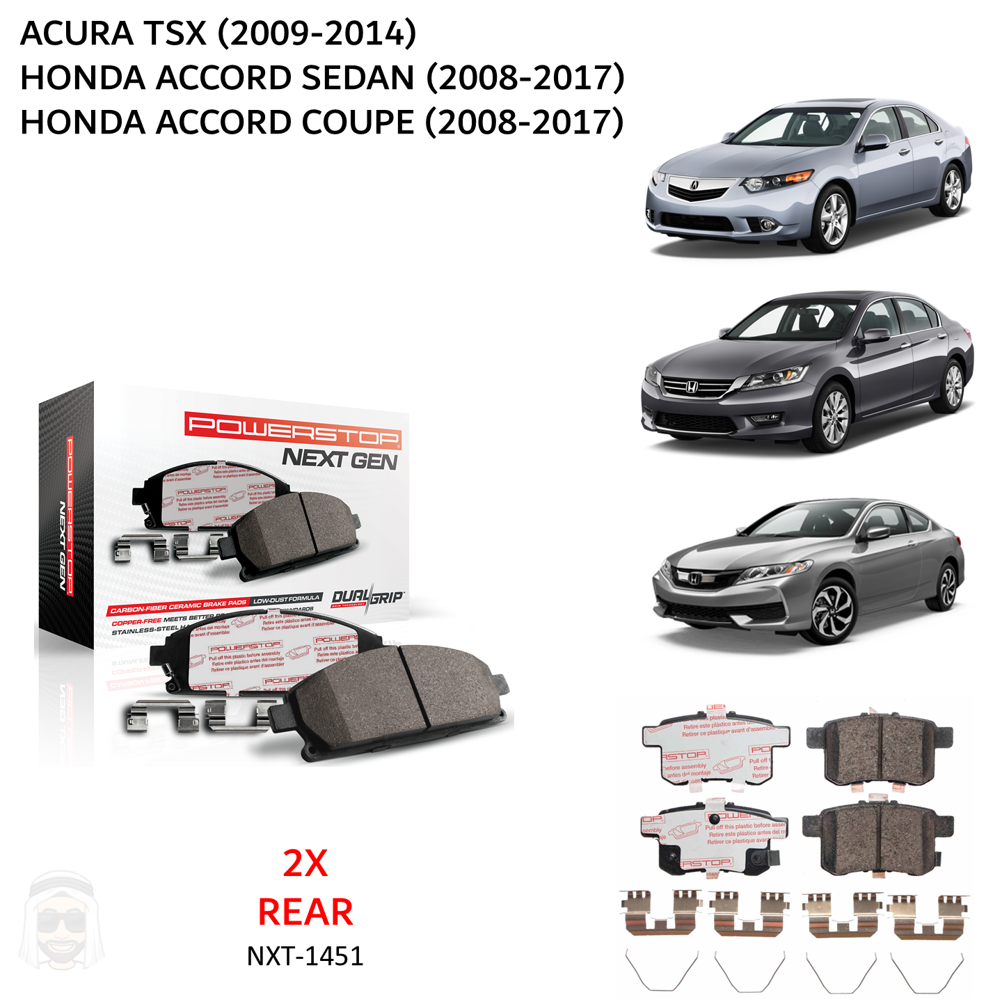 Honda Accord (2008-2017) Rear Carbon Fiber Ceramic Brake Pads by PowerStop NextGen (Sedan Coupe Acura TSX) (NXT-1451)