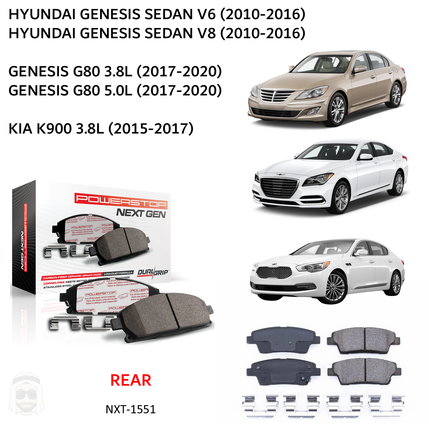 Genesis Sedan (2010-2020) - Rear Carbon Fiber Ceramic Brake Pads by PowerStop NextGen (Hyundai V6 V8 G80 Kia K900) (NXT-1551)
