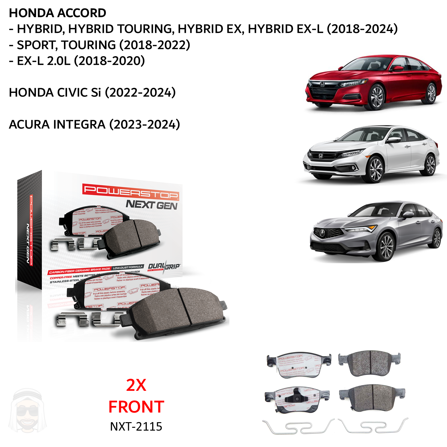 Honda Accord (2018-2024) - Front Carbon Fiber Ceramic Brake Pads by PowerStop NextGen (EXL Sport Touring Sedan Hybrid Civic Acura Integra) (NXT-2115)