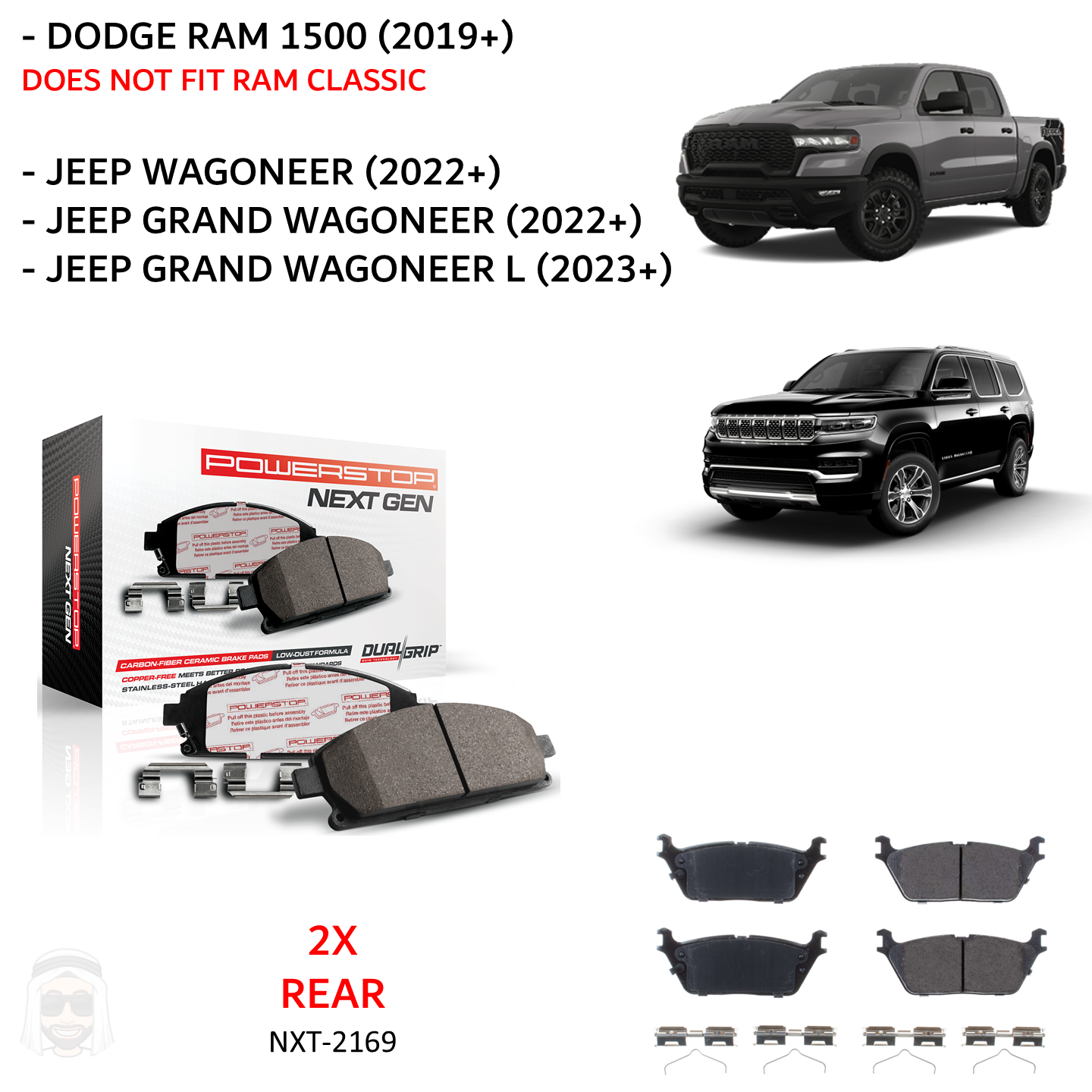 Dodge RAM 1500 2019+ Rear Carbon Fiber Ceramic Brake Pads by PowerStop NextGen (Jeep Grand Wagoneer L) (NXT-2169)
