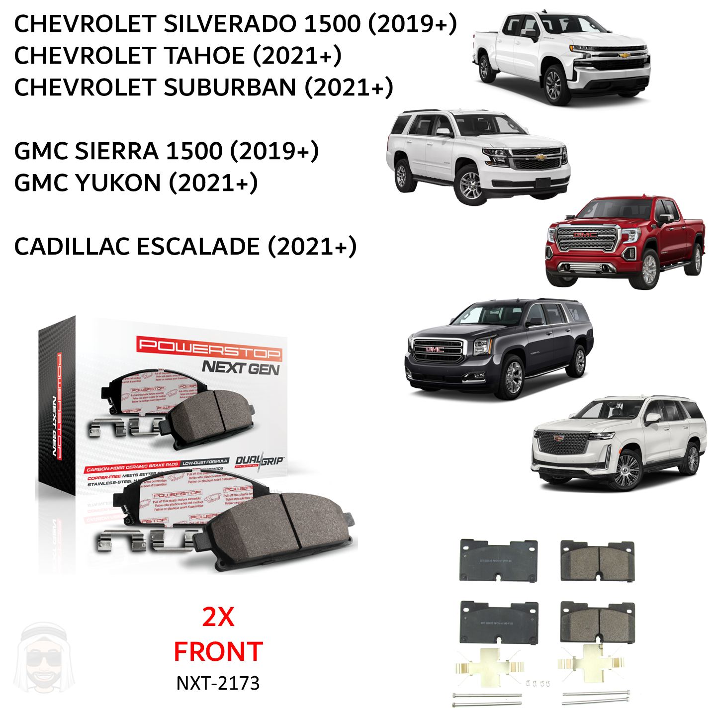 GMC Chevrolet 2019+ Front Carbon Fiber Ceramic Brake Pads by PowerStop NextGen (Sierra Silverado 1500 Tahoe Suburban Yukon XL Denali Cadillac Escalade) (NXT-2173)