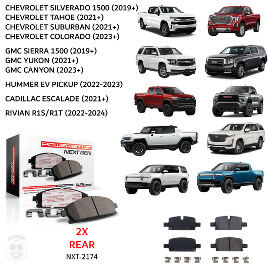 GMC Chevrolet 2019+ Rear Carbon Fiber Ceramic Brake Pads by PowerStop NextGen (Sierra Silverado 1500 Tahoe Suburban Yukon XL Denali Cadillac Escalade Colorado Canyon Hummer EV Pickup Rivian R1S R1T) (NXT-2174)