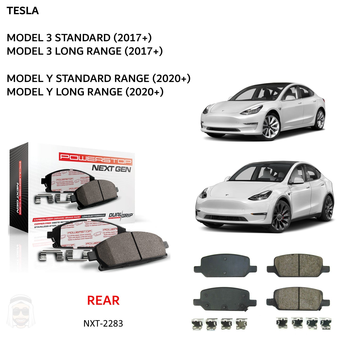 Tesla Model 3 Y (2017-2025) - Rear Carbon Fiber Ceramic Brake Pads by PowerStop NextGen (Base Standard Long Range) (NXT-2283)