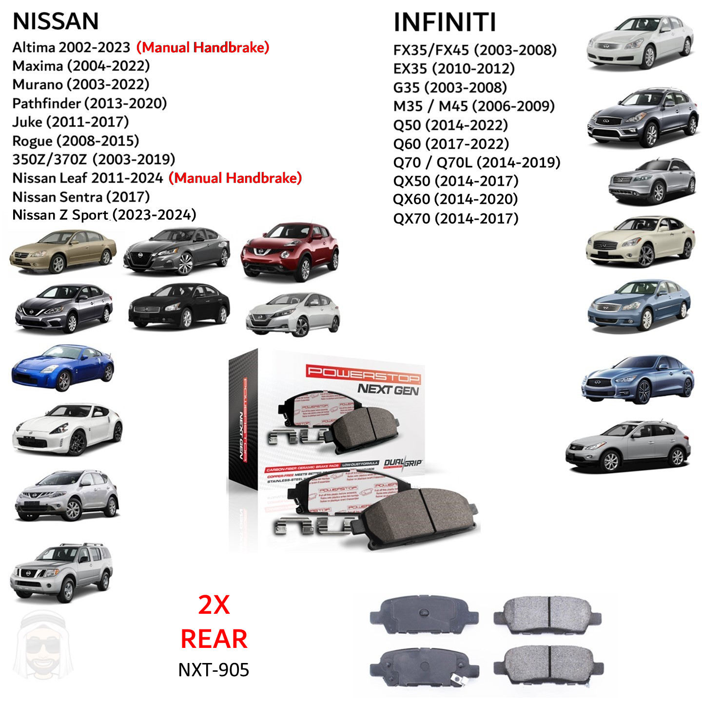 Nissan Infiniti - Rear Carbon Fiber Ceramic Brake Pads by PowerStop NextGen (Altima Maxima Murano Pathfinder Juke Rogue 350Z 370Z Z Sport Leaf Sentra FX35 FX45 EX35 G35 M35 M45 Q50 Q60 Q70L QX50 QX60 QX70) (NXT-905)