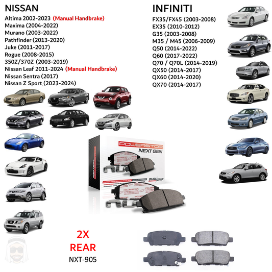 Nissan Infiniti - Rear Carbon Fiber Ceramic Brake Pads by PowerStop NextGen (Altima Maxima Murano Pathfinder Juke Rogue 350Z 370Z Z Sport Leaf Sentra FX35 FX45 EX35 G35 M35 M45 Q50 Q60 Q70L QX50 QX60 QX70) (NXT-905)