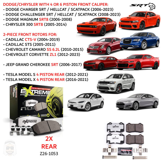 Cadillac Chevrolet Chrysler Dodge Jeep Tesla - Rear Carbon Ceramic Brake Pads by PowerStop Extreme Z26 (CTSV STS Camaro SS ZL1 Chrysler Dodge Charger Challenger Scat Pack SRT8 392 Hellcat Jeep Grand Cherokee Model S X) (Z26-1053)