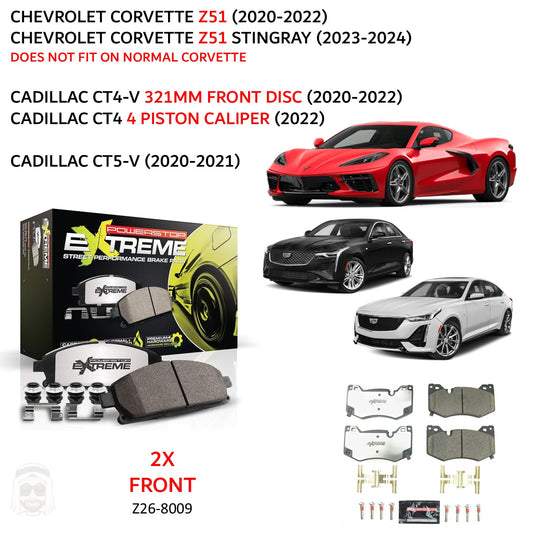 Corvette Z51 (2020-2024) Front Carbon Ceramic Brake Pads by PowerStop Extreme Z26 (Chevrolet C8 Stingray Cadillac CT4V CT5V) (Z26-8009)