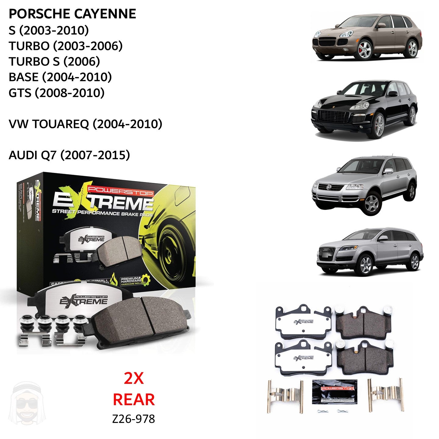 Cayenne Touareg Audi - Rear Carbon Ceramic Brake Pads by PowerStop Extreme Z26 (Porsche S Turbo base GTS VW Volkswagen Q7) (Z26-978)