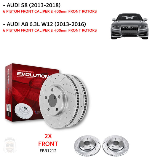 Audi S8 2013 to 2018 - Front Drilled and Slotted Brake Disc Rotors by PowerStop Evolution (A8) (EBR1212XPR)