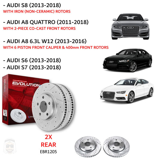 Audi S8 2013 to 2018 - Rear Drilled and Slotted Brake Disc Rotors by PowerStop Evolution (A8 S6 S7) (EBR1205XPR)
