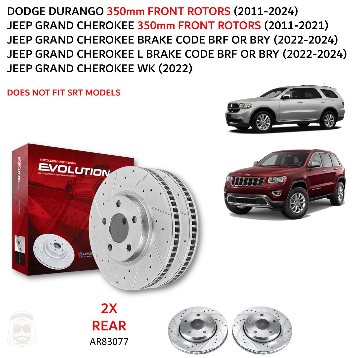Durango Grand Cherokee (2011-2024) 330mm Rear Drilled and Slotted Brake Disc Rotors by PowerStop Evolution (Dodge Jeep L W WK2) (AR83077XPR)