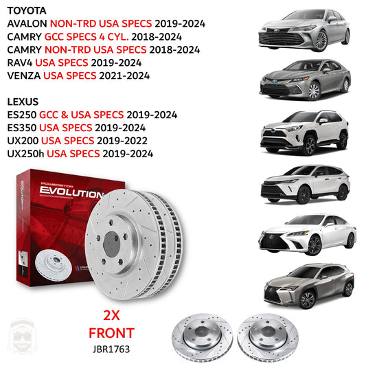 Toyota Camry Lexus ES (2018+) Front Drilled and Slotted Brake Disc Rotors by PowerStop Evolution (ES250 ES350 Avalon RAV4 UX200 UX250h Venza USA GCC) (JBR1763XPR)