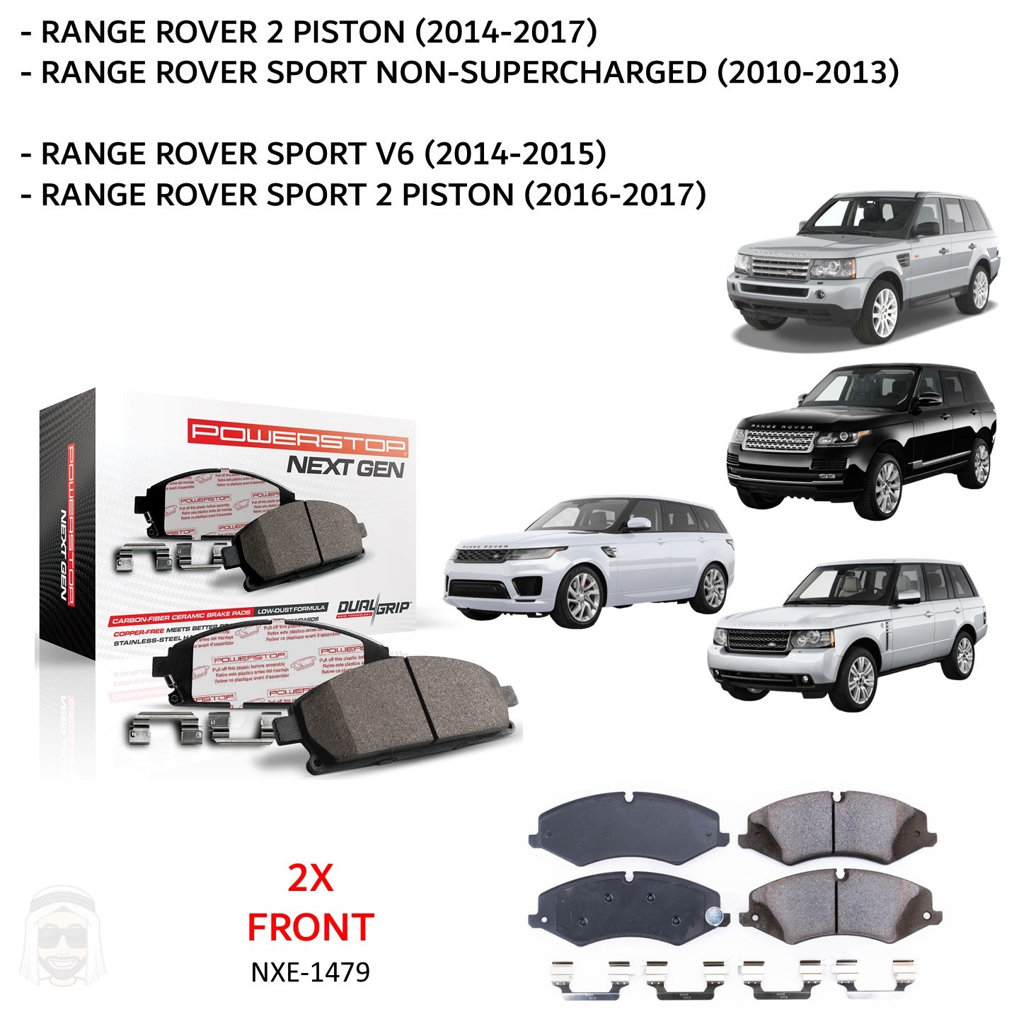 Range Rover Vogue and Sport (2-piston) - Front Carbon Fiber Ceramic Brake Pads by PowerStop NextGen (Land Rover V6 V8) (NXE-1479)