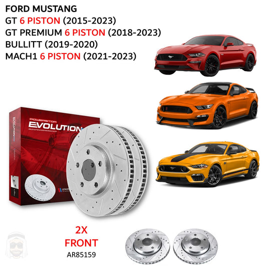 Ford Mustang (6 piston) (2015-2023) - Front Drilled and Slotted Brake Disc Rotors by PowerStop Evolution (GT Premium Bullitt Mach 1) (AR85159XPR)
