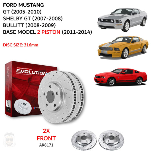 Ford Mustang (2 Piston) - Front Drilled and Slotted Brake Disc Rotors by PowerStop Evolution (GT Shelby Bullitt Base) (AR8171XPR)