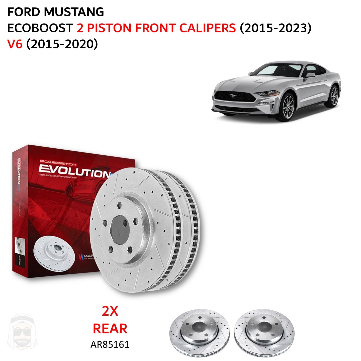 Ford Mustang (2 piston) (2015-2023) - Rear Drilled and Slotted Brake Disc Rotors by PowerStop Evolution (EcoBoost Premium V6) (AR85161XPR)