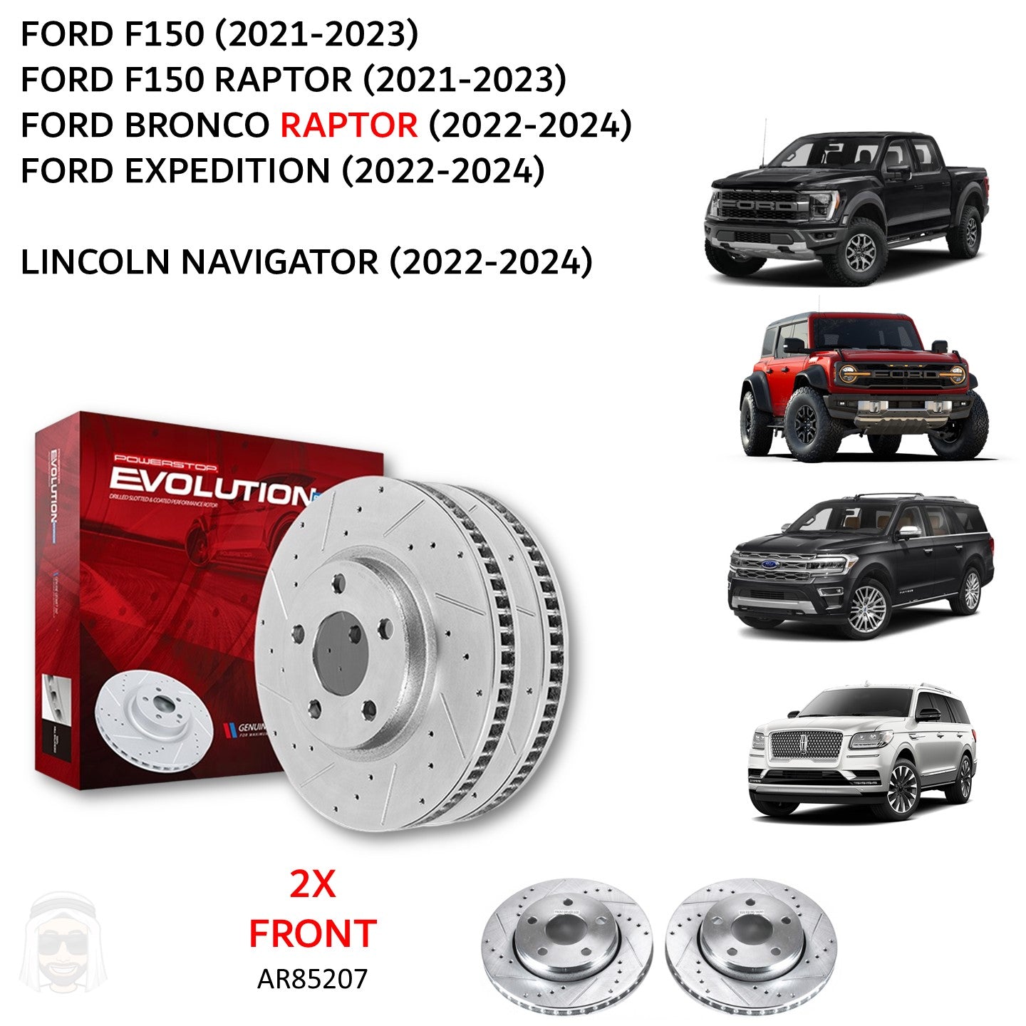 Ford F150 (2021+) Front Drilled and Slotted Brake Disc Rotors by PowerStop Evolution (Raptor Bronco Expedition Lincoln Navigator) (AR85207XPR)
