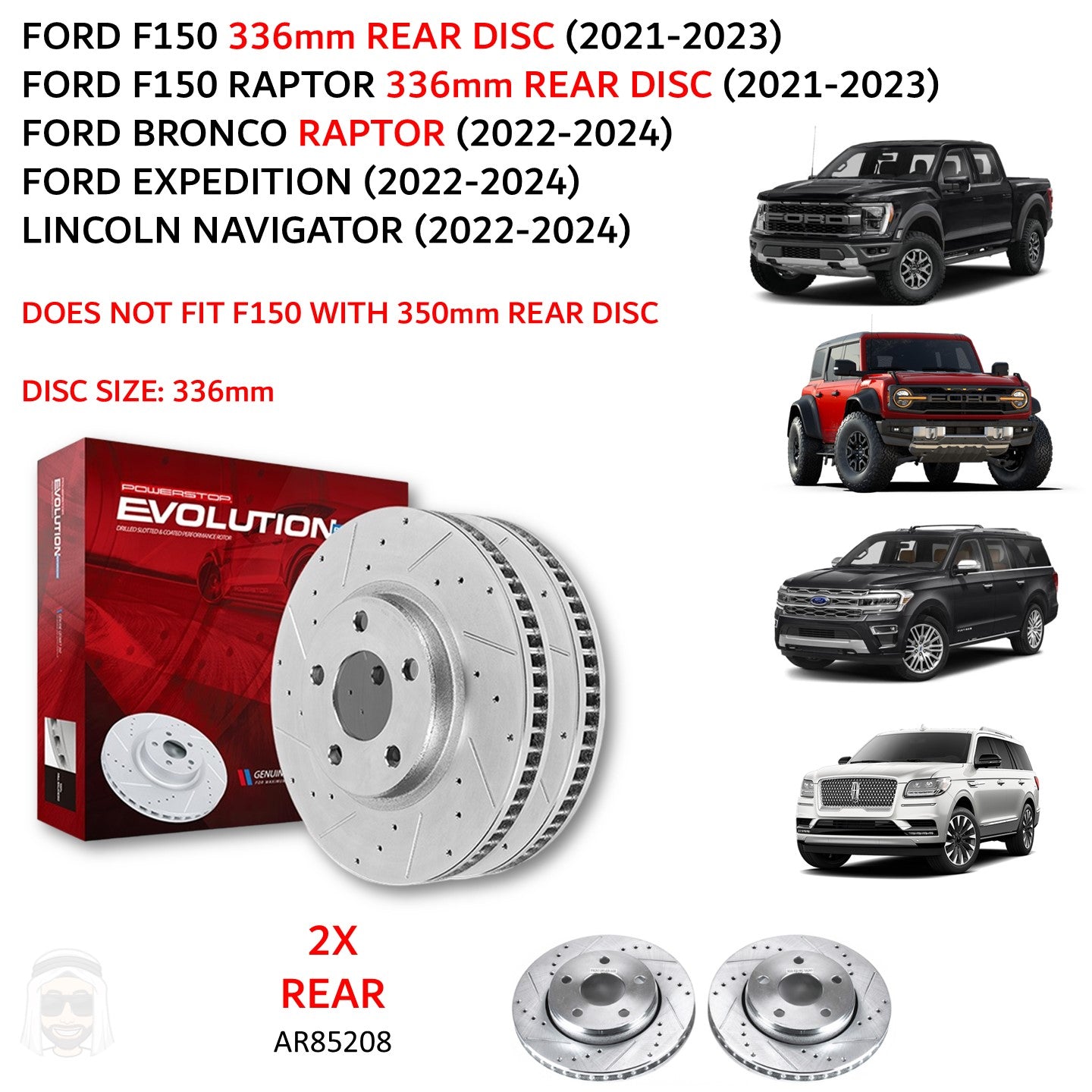 Ford F150 (2021+) 336mm Rear Drilled and Slotted Brake Disc Rotors by PowerStop Evolution (Raptor Bronco Expedition Lincoln Navigator) (AR85208XPR)