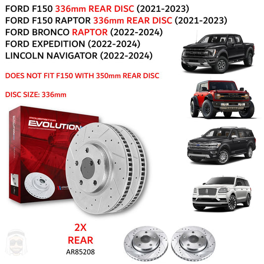 Ford F150 (2021+) 336mm Rear Drilled and Slotted Brake Disc Rotors by PowerStop Evolution (Raptor Bronco Expedition Lincoln Navigator) (AR85208XPR)