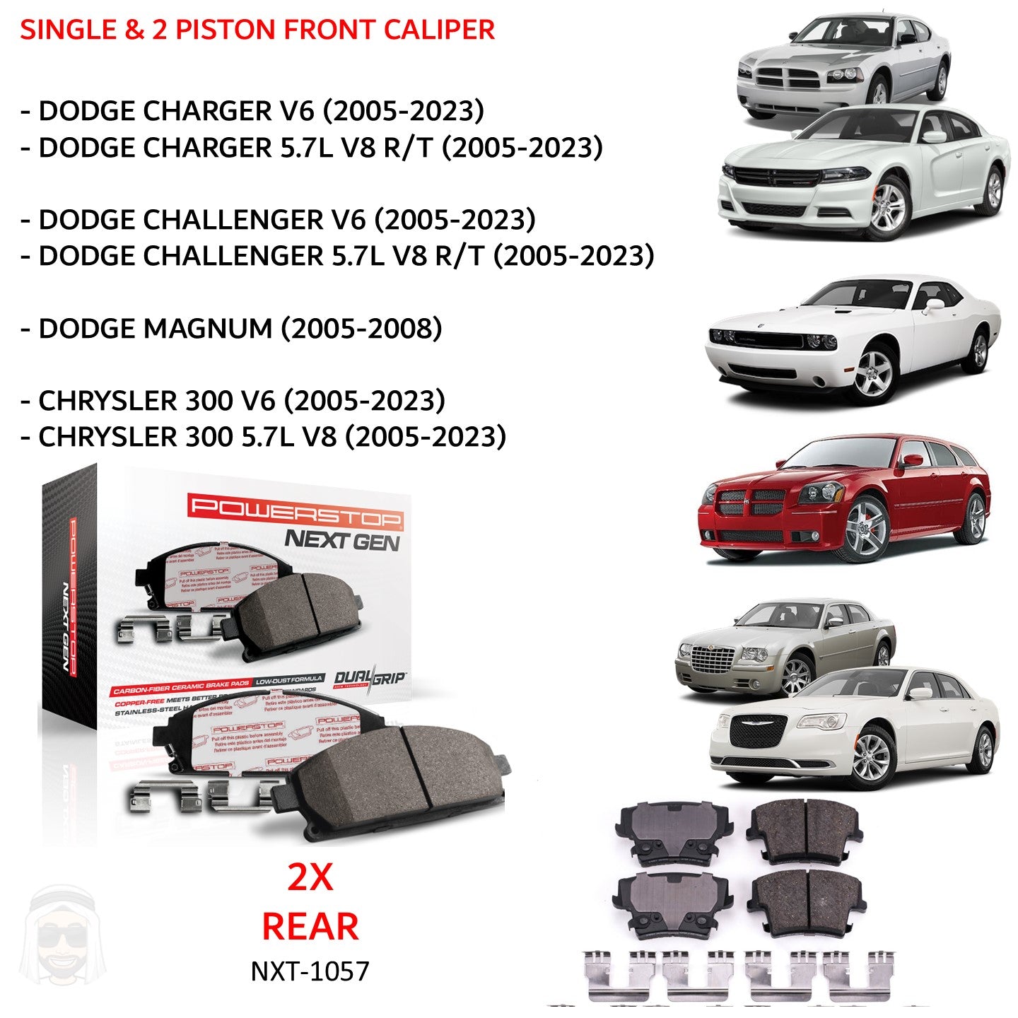 Dodge - Rear Carbon Fiber Ceramic Brake Pads by PowerStop NextGen (Charger Challenger AWD RWD V6 V8 RT Chrysler 300 Single Piston and 2-Piston Magnum) (NXT-1057)