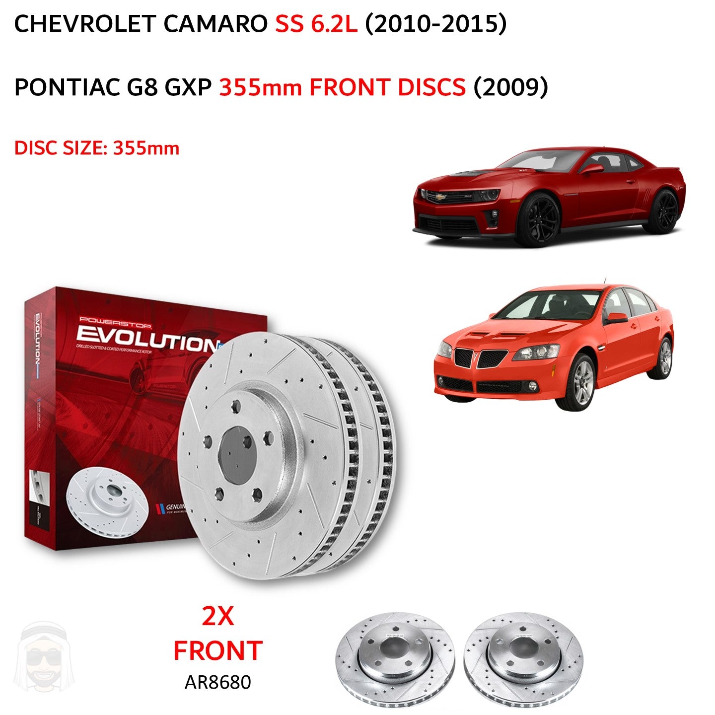 Camaro SS 6.2L (2010-2015) - Front Drilled and Slotted Brake Disc Rotors by PowerStop Evolution (Chevrolet Pontiac G8 GXP) (AR8680XPR)