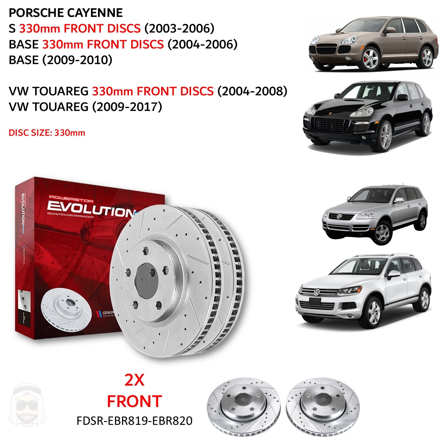 Cayenne Touareg - 330mm Front Drilled and Slotted Brake Disc Rotors by PowerStop Evolution (Porsche Volkswagen VW S Base) (EBR819XPR EBR820XPR)