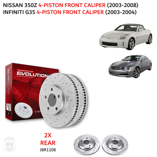 Nissan 350Z (4-piston) - 322mm Rear Drilled and Slotted Brake Disc Rotors by PowerStop Evolution (Infiniti G35) (JBR1108XPR)