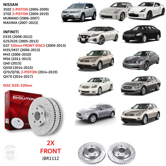 Nissan Infiniti (2-piston) - 320mm Front Drilled and Slotted Brake Disc Rotors by PowerStop Evolution (350Z 370Z Murano Maxima EX35 G35 Coupe G25 G37 M35 M37X M45 M56 Q40 QX50 Q70L QX70) (JBR1112XPR)