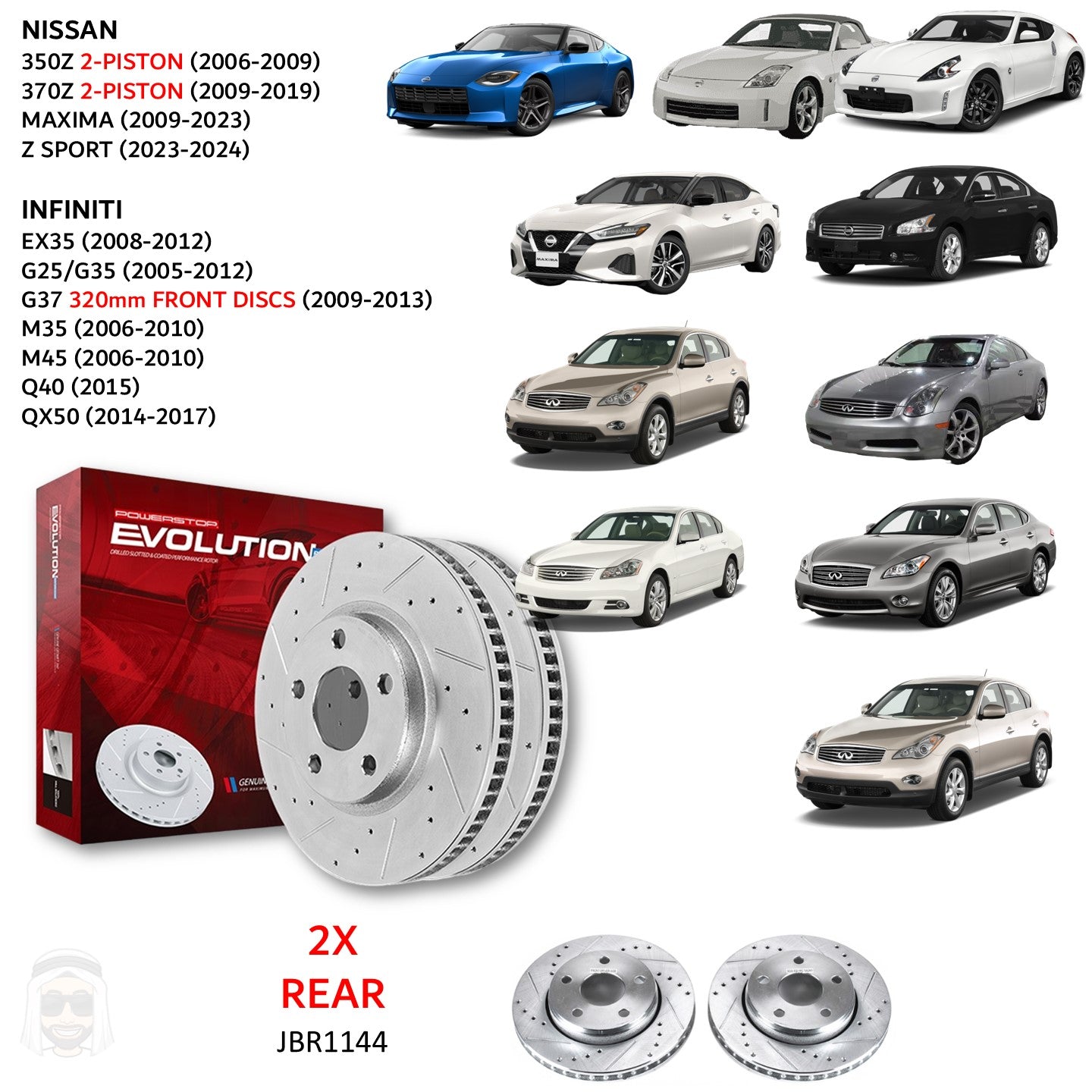 Nissan Infiniti (2-piston) - Rear Drilled and Slotted Brake Disc Rotors by PowerStop Evolution (350Z 370Z Maxima EX35 G35 Coupe G25 G37 M35 M45 Q40 QX50) (JBR1144XPR)