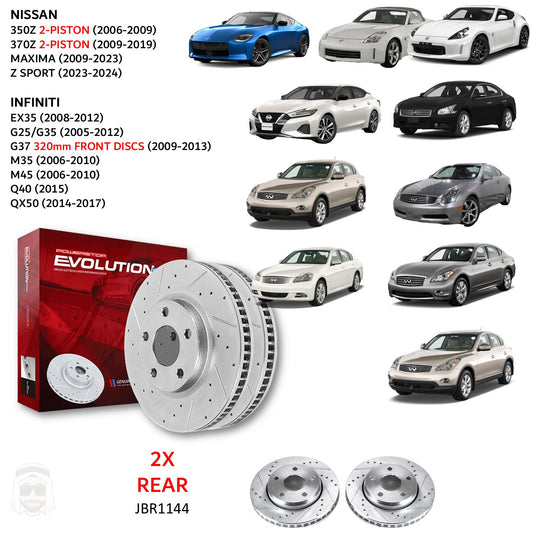 Nissan Infiniti (2-piston) - Rear Drilled and Slotted Brake Disc Rotors by PowerStop Evolution (350Z 370Z Maxima EX35 G35 Coupe G25 G37 M35 M45 Q40 QX50) (JBR1144XPR)