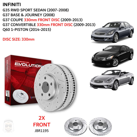 Infiniti - 330mm Front Drilled and Slotted Brake Disc Rotors by PowerStop Evolution (G35 G37 Coupe Convertible Q60) (JBR1195XPR)