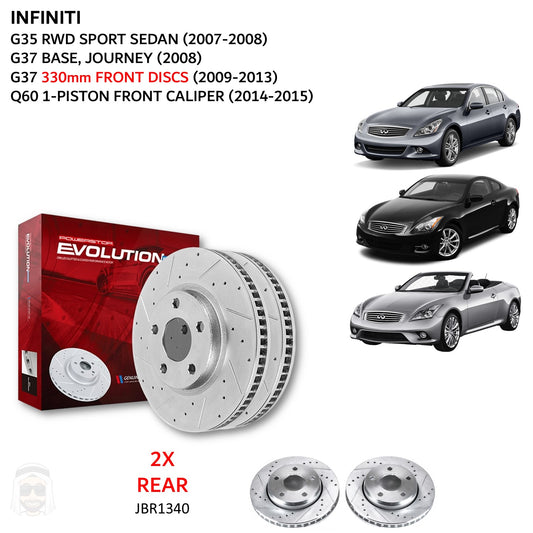 Infiniti - 330mm Rear Drilled and Slotted Brake Disc Rotors by PowerStop Evolution (G35 G37 Coupe Convertible Q60) (JBR1340XPR)