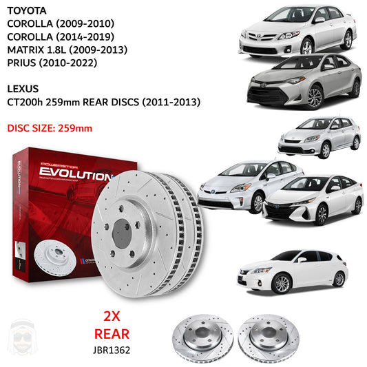 Toyota Corolla (2009-2019) - Rear Drilled and Slotted Brake Disc Rotors by PowerStop Evolution (Matrix Prius Lexus CT200h) (JBR1362XPR)