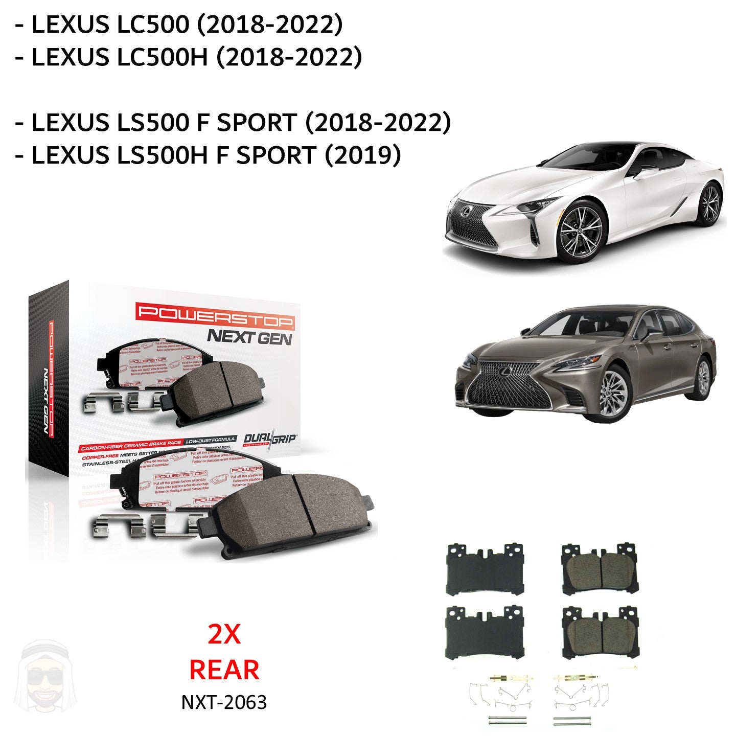 Lexus LC500 and LS500F Sport 2018 to 2022 - Rear Carbon Fiber Ceramic Brake Pads by PowerStop NextGen (LC500h) (NXT-2063)