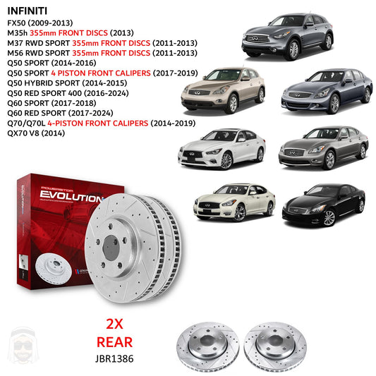 Infiniti - Rear Drilled and Slotted Brake Disc Rotors by PowerStop Evolution (FX50 M35h M37 M56 Q50 Q60 Q70L QX70 Red Sport Hybrid V8) (JBR1386XPR)