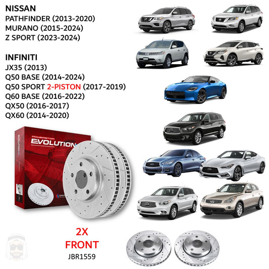 Nissan Infiniti - 320mm Front Drilled and Slotted Brake Disc Rotors by PowerStop Evolution (JX35 Q50 Q60 QX50 QX60 Premium Luxe Pure Pathfinder Murano Z Sport) (JBR1559XPR)