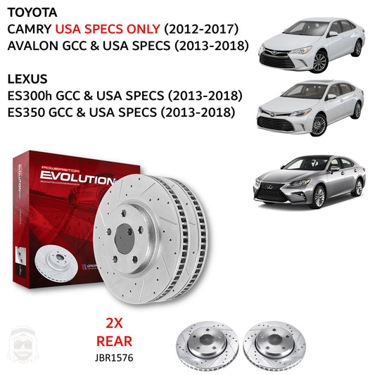 Toyota Lexus - Rear Drilled and Slotted Brake Disc Rotors by PowerStop Evolution (Camry Avalon ES300h ES350 GCC USA) (JBR1576XPR)