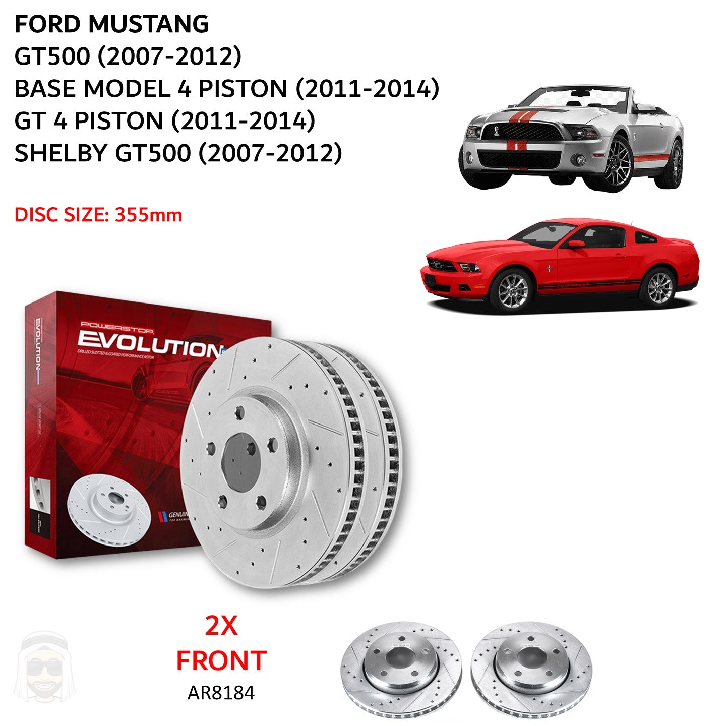 Ford Mustang - Front Drilled and Slotted Brake Disc Rotors by PowerStop Evolution (Shelby GT500 4 piston) (AR8184XPR)