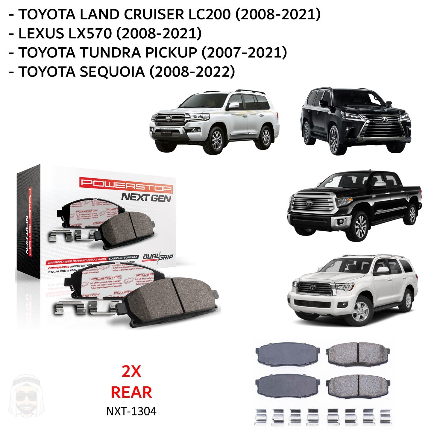 Toyota LC200 - Rear Carbon Fiber Ceramic Brake Pads by PowerStop NextGen (Land Cruiser Lexus LX570 Tundra Sequoia 2008 2021) (NXT-1304)