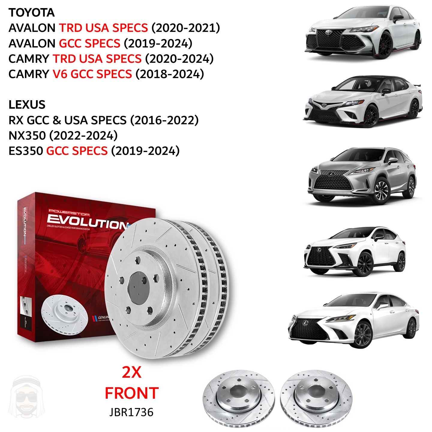 Toyota Lexus - Front Drilled and Slotted Brake Disc Rotors by PowerStop Evolution (RX350L RX350hL RX450hL F Sport NX350h ES350 Avalon Camry V6 USA GCC) (328mm) (JBR1736XPR)