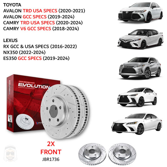 Toyota Lexus - Front Drilled and Slotted Brake Disc Rotors by PowerStop Evolution (RX350L RX350hL RX450hL F Sport NX350h ES350 Avalon Camry V6 USA GCC) (328mm) (JBR1736XPR)