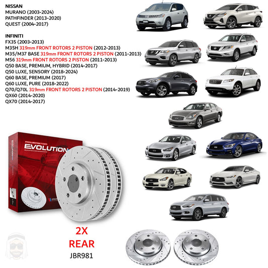 Nissan Infiniti - Rear Drilled and Slotted Brake Disc Rotors by PowerStop Evolution (Murano Pathfinder Quest FX35 FX37 FX45 M35h M37X M56X Q50 Q60 Q70L QX60 QX70 base Premium Hybrid Luxe Sensory) (JBR981XPR)
