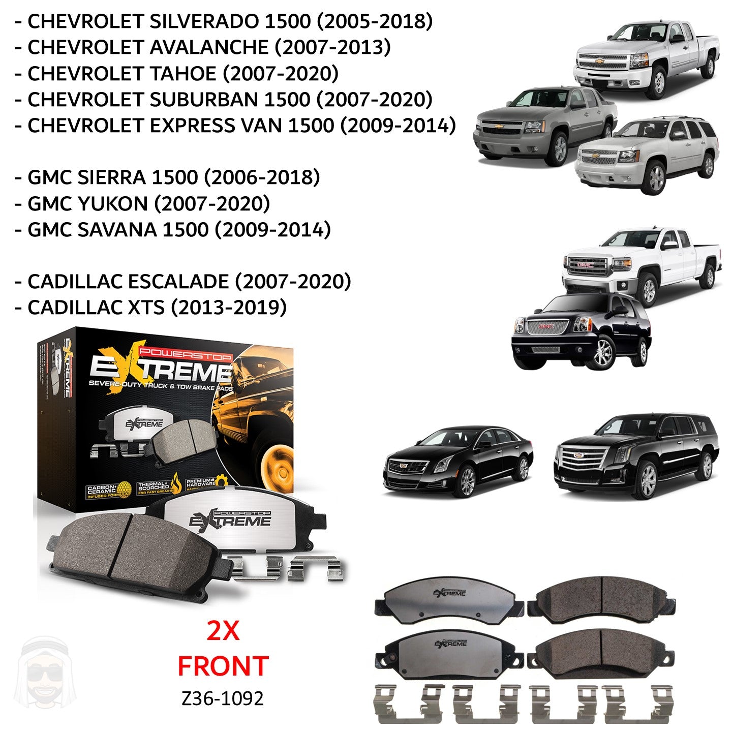 Chevrolet GMC Cadillac (2005-2020) - Front Carbon Ceramic Brake Pads by PowerStop Extreme Z36 (Silverado 1500 Avalanche Tahoe Suburban Express Van Sierra Denali XL Yukon Savana Escalade XTS) (Z36-1092)