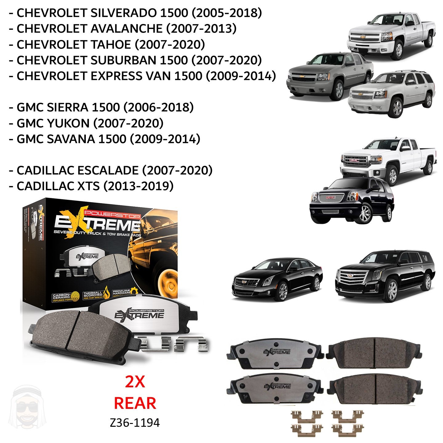 Chevrolet GMC Cadillac (2005-2020) - Rear Carbon Ceramic Brake Pads by PowerStop Extreme Z36 (Silverado 1500 Avalanche Tahoe Suburban Express Van Sierra Denali XL Yukon Savana Escalade XTS) (Z36-1194)