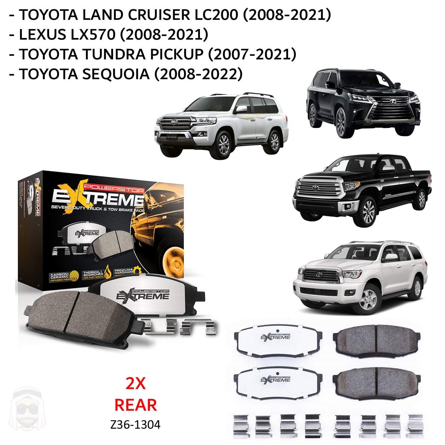 Toyota LC200 - Rear Carbon Ceramic Brake Pads by PowerStop Extreme Z36 (Land Cruiser Lexus LX570 Tundra Sequoia 2008 2021) (Z36-1304)