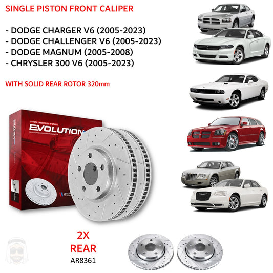 Dodge V6 Single Piston - Rear Drilled and Slotted Brake Disc Rotors by PowerStop Evolution (Charger Challenger RWD Chrysler 300 Magnum) (AR8361XPR)