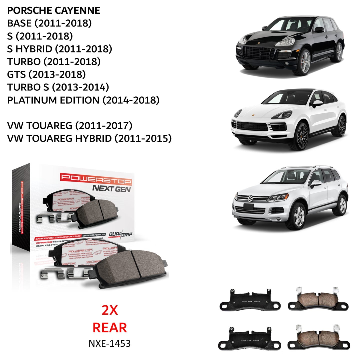 Cayenne Touareg - Rear Carbon Fiber Ceramic Brake Pads by PowerStop NextGen (Porsche base S Hybrid Turbo GTS Platinum VW Volkswagen) (NXE-1453)