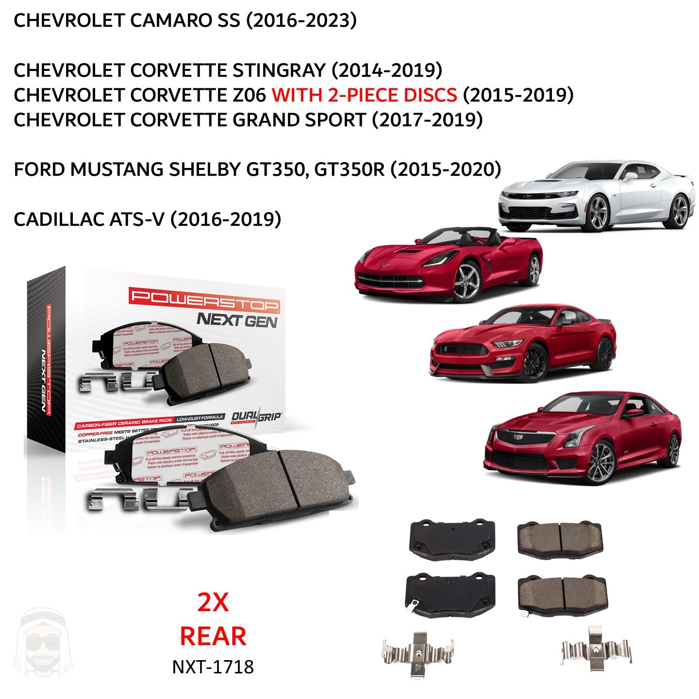 Chevrolet Ford Cadillac - Rear Carbon Fiber Ceramic Brake Pads by PowerStop NextGen (Camaro SS Corvette C7 Stingray Z06 Grand Sport Mustang Shelby GT350R ATSV) (NXT-1718)