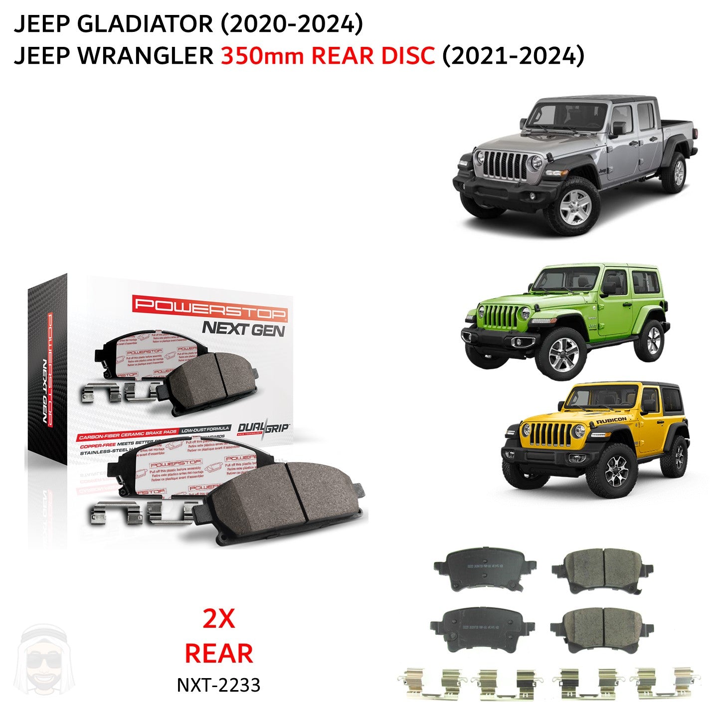 Jeep Gladiator Wrangler (2020+) Rear Carbon Fiber Ceramic Brake Pads by PowerStop NextGen (JL BR3 BR4 BR5) (NXT-2233)