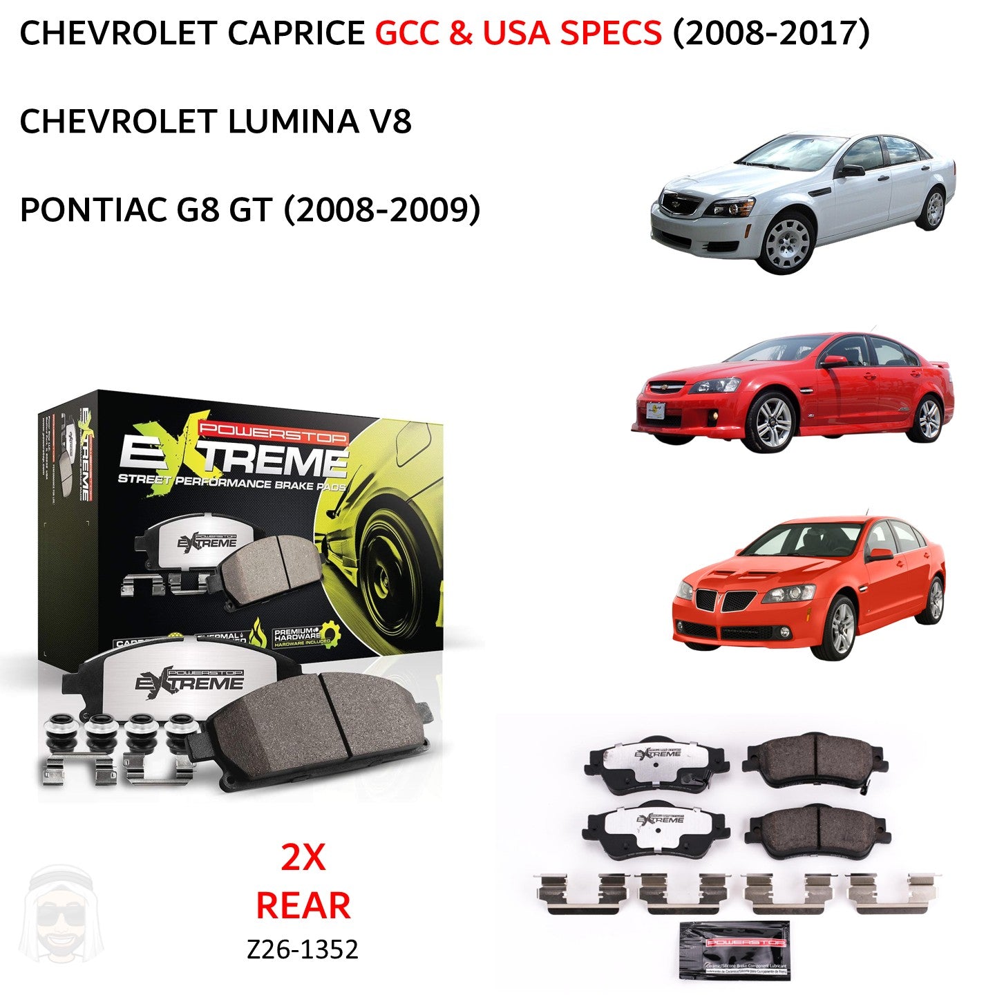 Caprice V8 (2008-2017) Rear Carbon Ceramic Brake Pads by PowerStop Extreme Z26 (Chevrolet USA GCC Pontiac G8 GT) (Z26-1352)